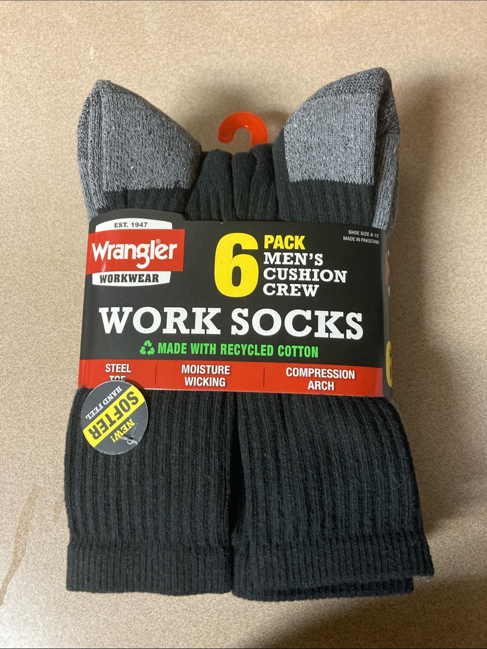Wrangler Black Crew Athletic Socks with Gray Toe (6-Pack)